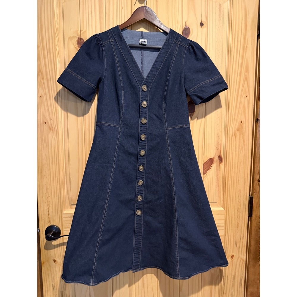 Anne Klein Denim V-Neck Button Front Fit and Flare Dress Dark Wash Small